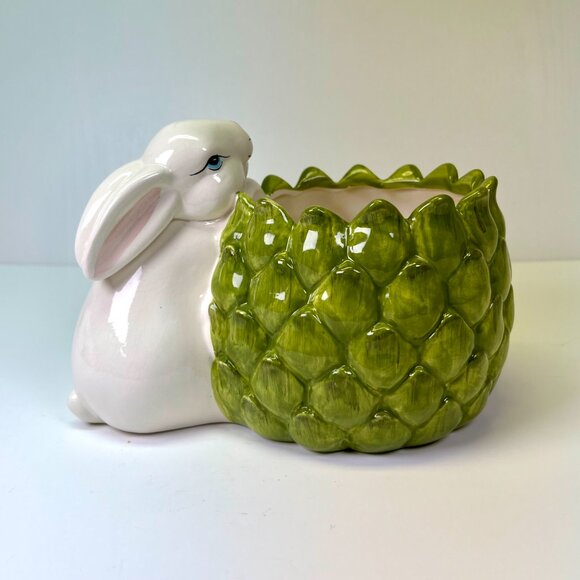 Vintage Bunny Rabbit Artichoke Cachepot Planter Ceramic Vase Spring Easter Bowl - Picture 3 of 9